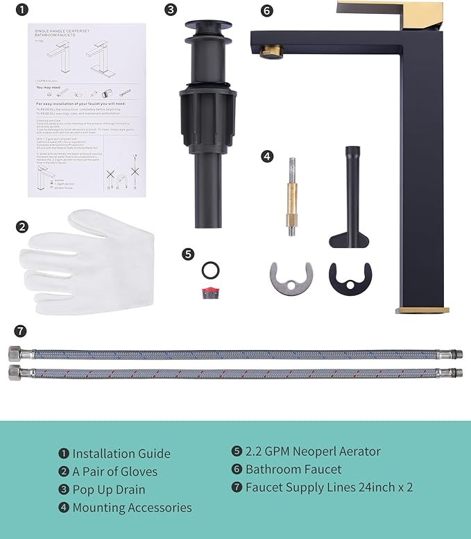 ARCORA Vessel Sink Faucet Black and Gold, Single Handle Tall Bathroom Faucet, Single Hole Lavatory Vanity Mixer Tap with Pop Up Drain and Faucet Supply Lines