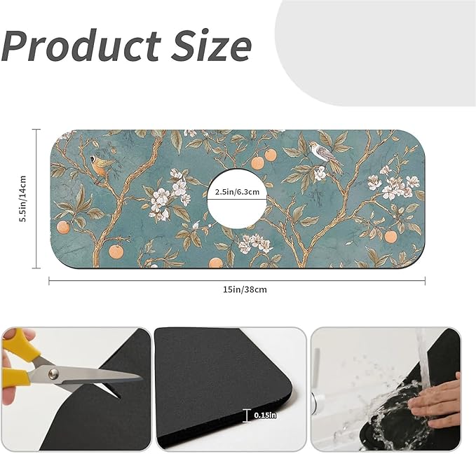 Kitchen Sink Splash Guard，oranges tree with birds Faucet Mat Sink Gadgets-Super Absorbent Fast Drying Mat Drip Catcher for Kitchen, Bathroom,Sink Mat, Dish Drying Mat, Bathroom(15" X 5.5" )