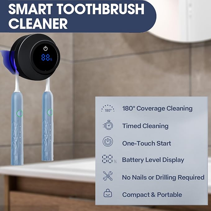 Toothbrush Sterilizer & Holder, Shmian Wall-Mounted Toothbrush Cleaner and Dryer for Bathroom and Travel, with LED Screen, Fits for Any Type Toothbrushes (Black)