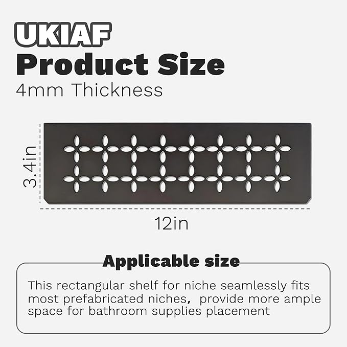 12 Inch Black Frosted Aluminum Material Shower Niche Shelf Rectangular Bathroom Niche Shelf with Floral Design Fits Prefabricated Tile Niches 1 Pack
