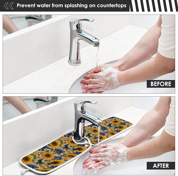 2 PCS Kitchen Sink Splash Guard 30 Inch Faucet Mat for Kitchen Sink Bathroom Sink Faucet Absorbing Drip Drain Mat Pad Microfiber Soft Washable Vintage Beige and Blue Sunflowers Butterflies