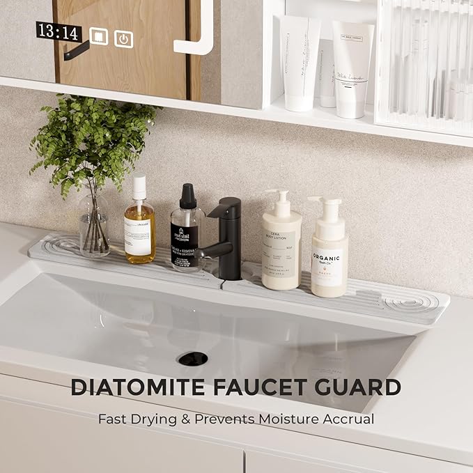 Quick Dry Sink Splash Guard - 23.6" Water Absorbing Stone Drying Tray - Faucet Mat for Kitchen, Bathroom, and Laundry Room - White
