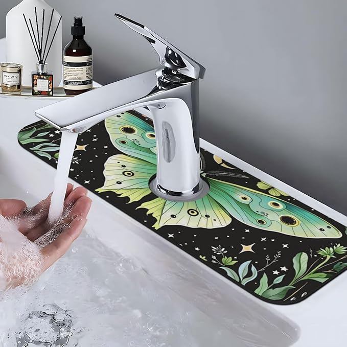 Butterfly Moon Garden 15" X 5.5" Kitchen Sink Splash Guard, Faucet Guard Draining Mat, Faucet Suction Pad For Kitchen Bathroom