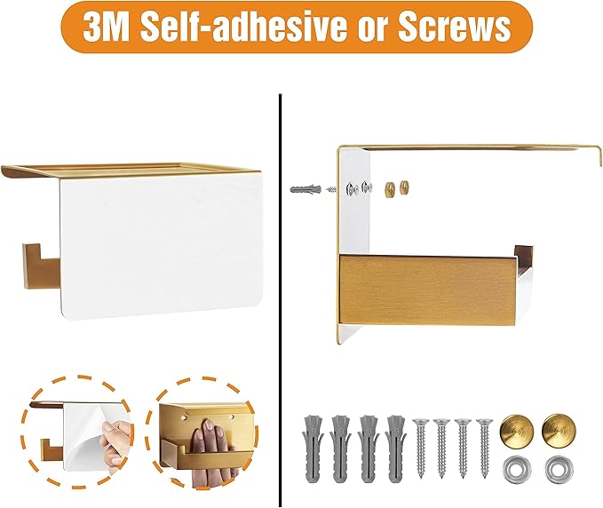 HITSLAM Gold Toilet Paper Holder, Stick on Brushed Brass Toilet Paper Holder with Shelf, Self Adhesive No Drill or Wall-Mount with Screws for Bathroom