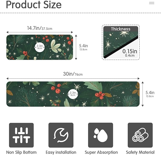 Christmas Green Berries Needles Kitchen Sink Splash Guard Faucet Mat Diatomite Absorbent Pad for Bathroom RV 30x5.4in 2PCS water