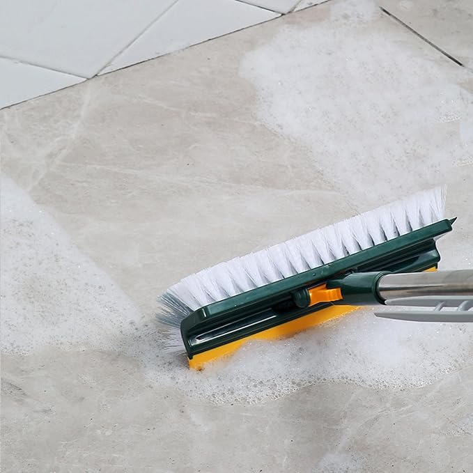 Grout Scrub Brush with 42" Long Handle Double-Sided Floor Scrub Brush V-Shape Grout Cleaner with Squeegee 180° Rotating for Tile Floors, Baseboards, Wall