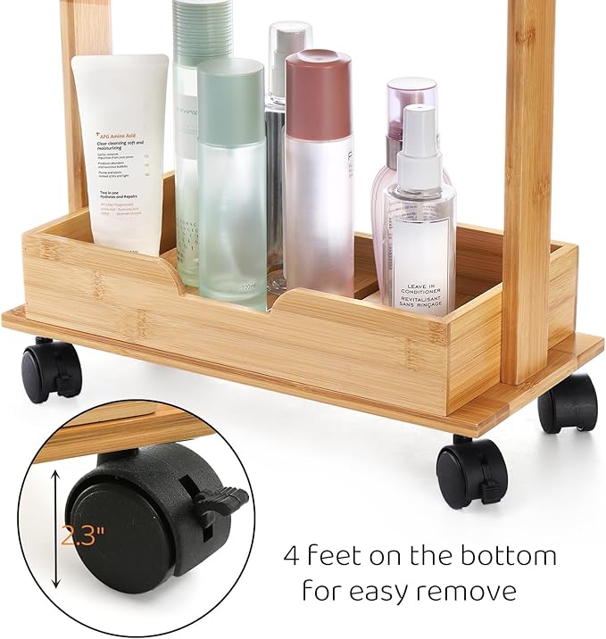 Lyellfe 3 Tire Shower Caddy Stand, Bamboo Shower Floor Organizer Corner with Sliding Wheels, Bathroom Caddy Shelf Rack for Bathtub, Office, Kitchen