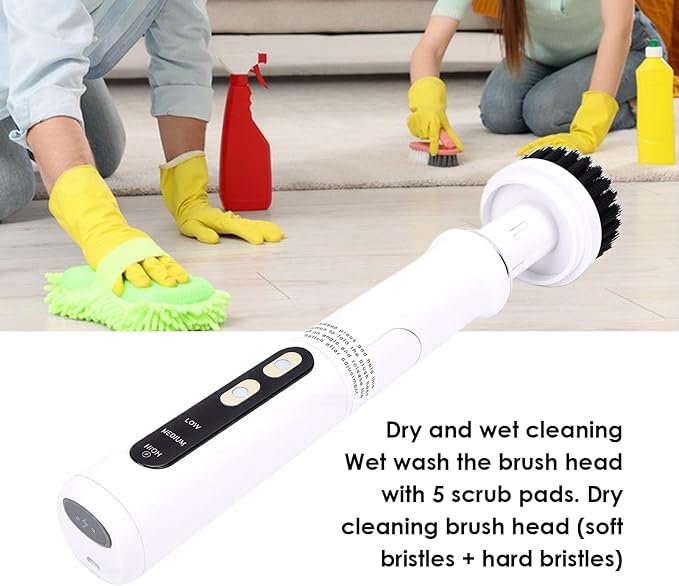 Electric Scrubber, Cordless Cleaning Brush with 3 Brush Heads and 5 Scrub Sponges, 3 Adjustable Speeds, for Bathroom, Kitchen, Shoes, Tiles and Household Cleaning