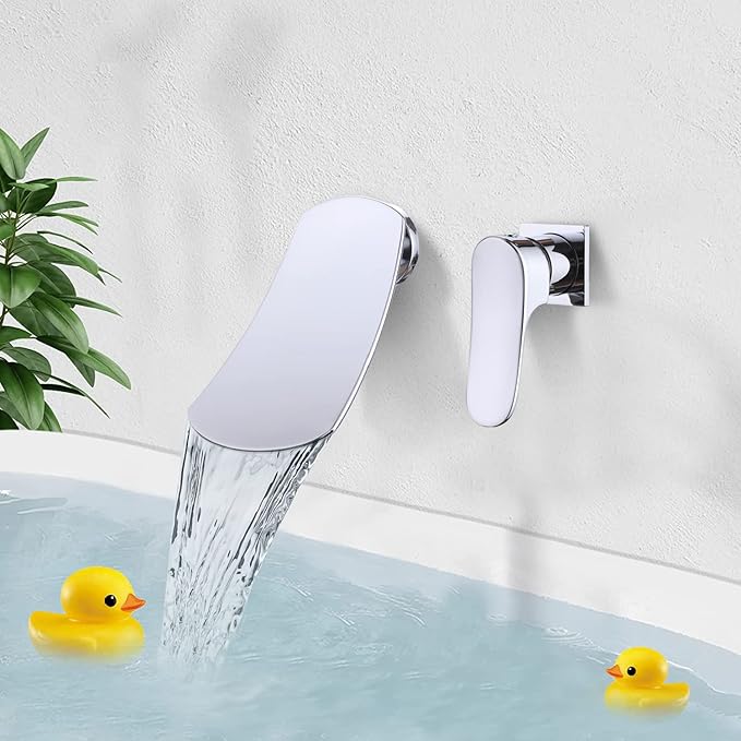 Wall Mounted Waterfall Bathroom Sink Faucet Single Handle Lavatory Sink Faucets 2 Holes Vanity Faucets Waterfall Basin Mixer Tap, Chrome