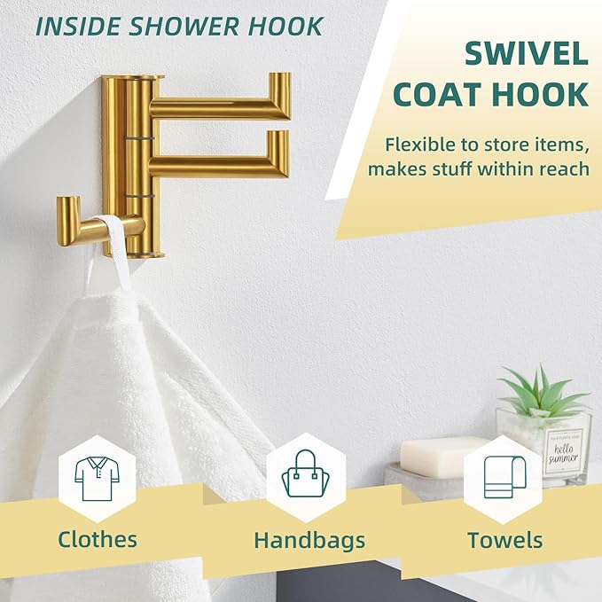 APLusee Swivel Towel Hook, 304 Stainless Steel Foldable Clothes Hook with Multi Three Rotating Arm, Flexible Bathroom Kitchen Storage Hanger Wall Mounted, Brushed Gold