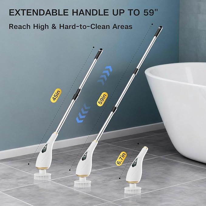Electric Spin Scrubber with 10 Replaceable Brush Heads, Extendable Handle Up to 59", 2 Speed Modes, Waterproof, Cordless Cleaning Brush, 2H Cleaning Time,Perfect for Home, Bathroom,Kitchen