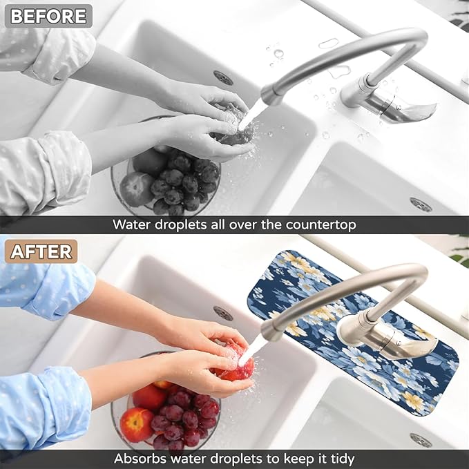 Deep Blue Floral Kitchen Faucet Mat Splash Guard, 15.4”x5.7” Absorbent Quick Drying Sink Mat for Countertop Protection, Draining Mat Sink Protectors For Kitchen Bathroom, 2 Pack