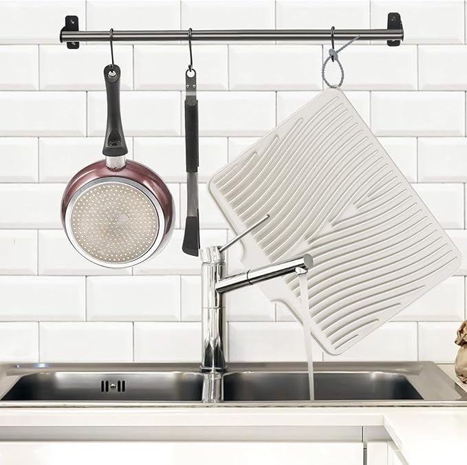 Silicone Dish Drying Mat, Stone Drying Mat for Kitchen Counter with Built-In Drain, Non-Slip Drain Pad with Built-in Drain, Heat Resistant Stone Drying Mat, 1Pcs 20" x 15", Cream