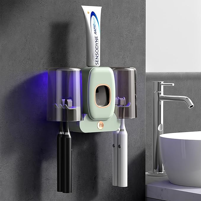 Toothbrush Holders for Bathrooms, Wekity Automatic Toothpaste Dispenser Space Saving Toothbrush and Toothpaste Holder，Toothbrush Holder Wall Mounted with 2 Cups for Bathroom (Green)…