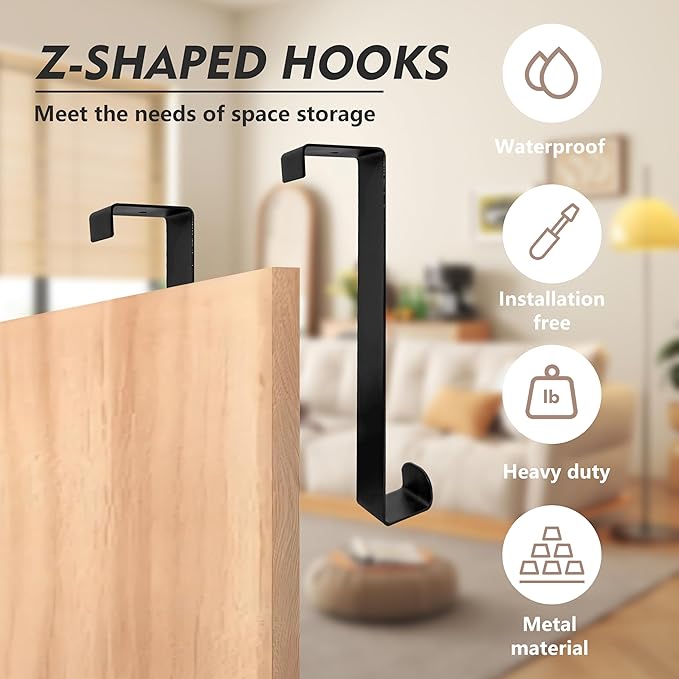 Over The Door Hooks, 2-Pack Heavy Duty Towel Rack Hanger for Bathroom, Bedroom, Dorm Room, Fixed Door Hooks for Hanging Robe, Coat, Towel, Organizer (Black)