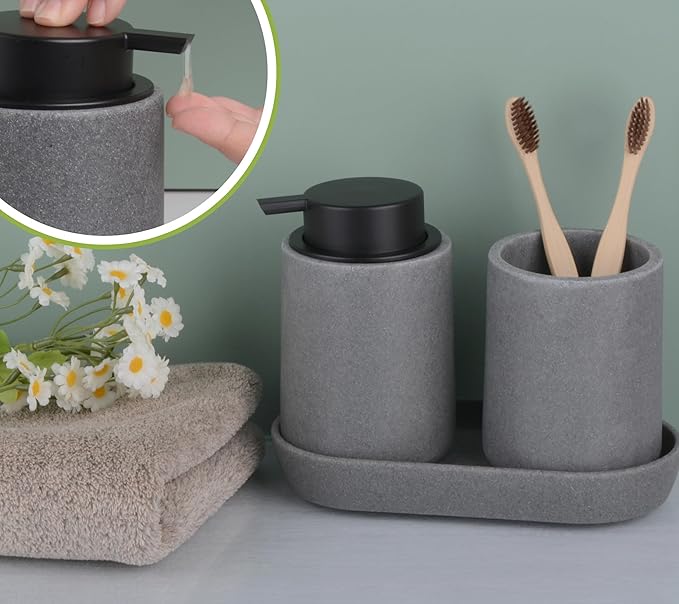 Grey Bathroom Accessories Set, 3 Pcs Resin Bathroom Accessories Complete Set, Sandstone Look Soap Dispenser with Large Pump, Toothbrush Cup, Soap Dish for Modern Home Decor and Kitchen