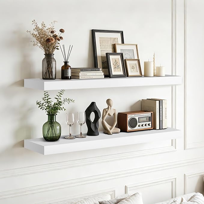 Floating Wall Shelf 36x6.8x1.7 Inch – Solid Wood Shelf in White Finish – Heavy Duty Wall Mounted Rustic Display Shelf for Living Room, Kitchen, Bedroom, Hallway – Set of 2
