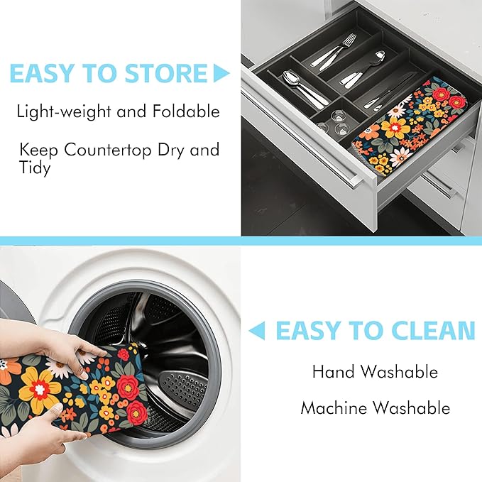 Large Dish Drying Mat for Kitchen Counter,18"X24" Colorful Flowers And Plants Absorbent Reversible Microfiber Dish Drying Mat Dish Drainer Mat,Dishes Mat Drying Pad for Kitchen Countertop Coffee Bar