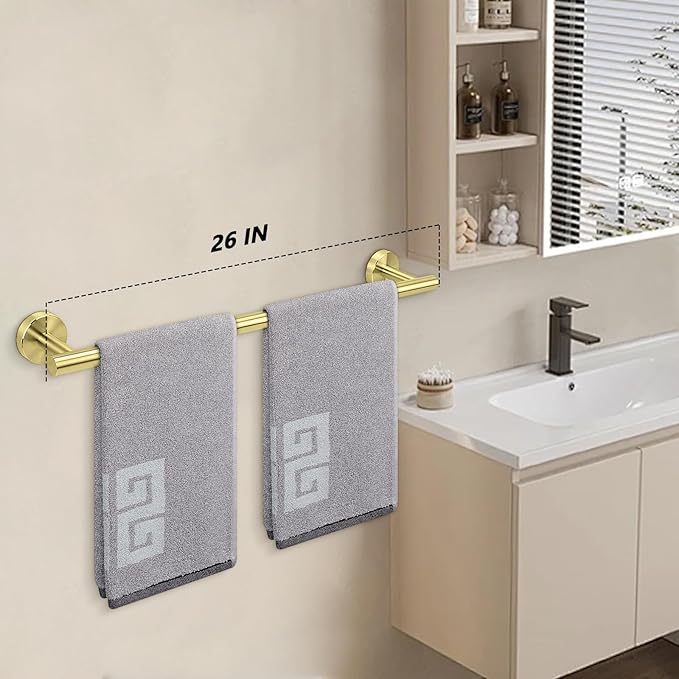 NearMoon Bath Towel Bar, Thicken Stainless Steel Shower Towel Rack Holder Wall Mounted for Bathroom, 26-lnch Overall Length-24-lnch Usable Hanging Space (1 Pack, Brushed Gold)