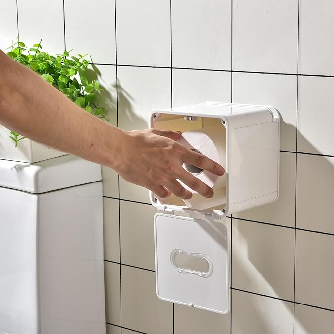 simpletome Toilet Paper Holder Wall Mount with Shelf Waterproof Adhesive or Drilling Install (White, ABS Plastic)