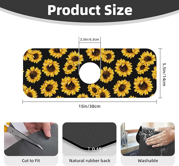 Sunflowers Black Vintage Paingting Kitchen Sink Splash Guard Faucet Mat 1 Pcs, Absorbent Fast Drying Mat Gadgets Splash Guard For Bathroom 15 X 5.5 Inches