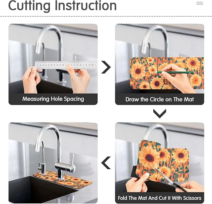 Kitchen Sink Splash Guard 1 PC 30 Inch Sink Faucet Mat Splash Guard for Bathroom Countertop Water Absorbent Foldable Cuttable Soft Washable Orange Sunflowers and Poppy Flowers