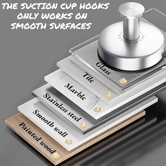 DGYB Suction Cup Hooks Set of 4 Brushed Nickel Towel Hooks for Bathrooms Waterproof Stainless Shower Hooks for Inside Shower 15 Lb Bathroom Hooks for Towels