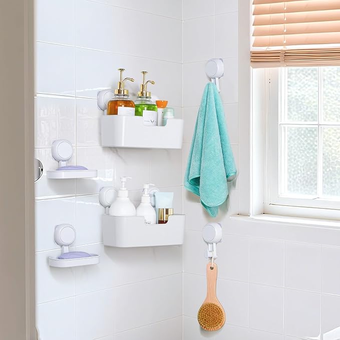 Shower Caddy, Organizer Removable Bathroom Shelf, 6 Pack Adhesive Organizers and Storage with No Drilling Hanging Shower Shelf, Removable Plastic Bathroom Accessories, White
