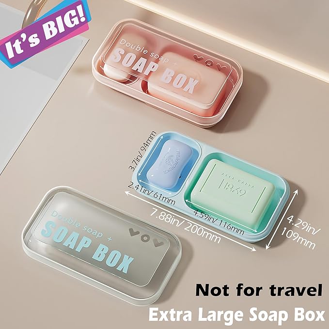 Extra Large Double Soap Dish with Lid, Self Draining Soap Holder and Saver for Bathroom Shower, Soap Box for Bar Soap, Shampoo and Conditioner Bars Drip Tray (Light Blue)