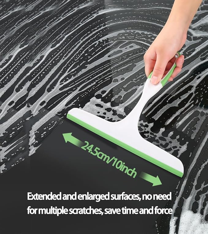 2Pcs 10 Inch Shower Squeegee and 2Pcs Stainless Steel Adhesive Hooks, Streak Free Glass Window & Bathroom Door Mirror Squeegee Household Cleaning Tool, Plastic Water Wiper for Car Windshield Cleaning