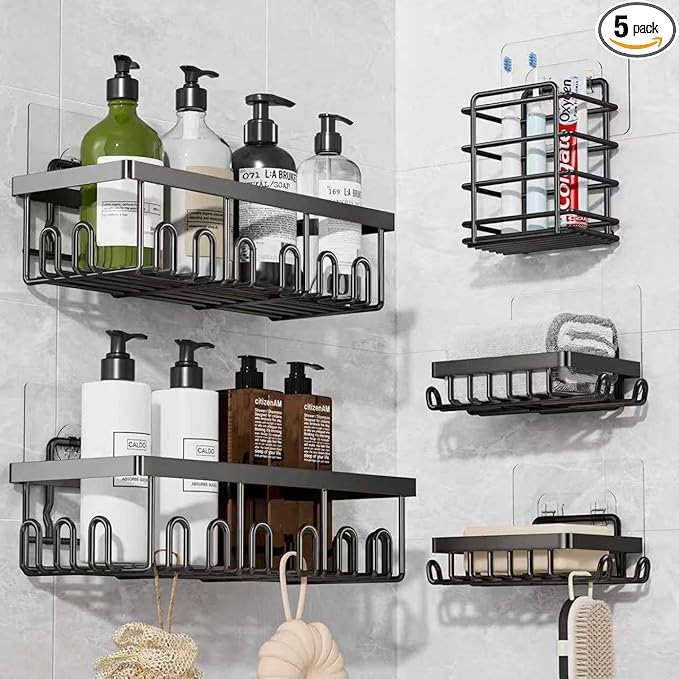 5-Pack Adhesive Shower Caddy, Rustproof Stainless Steel Organizer for Bathroom Storage with Large Capacity, No Drilling Bathroom Caddy with Soap Toothbrush Holder for Kitchen Home Black