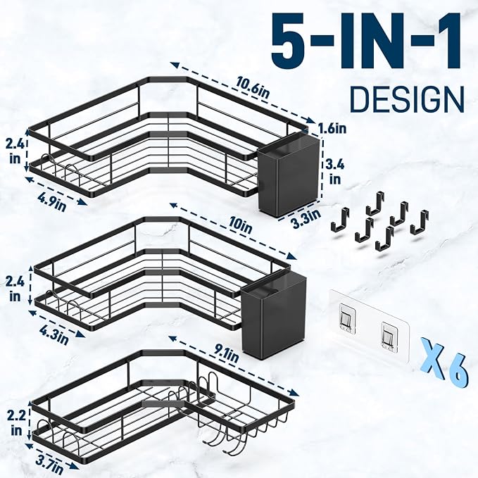 Corner Adhesive Shower Caddy, 5-Pack Rustproof Metal Corner Shelves with 2 Storage Boxes, 18 Hooks, No Drilling Wall Mounted Bathroom Organizer for 90° Corner, Black