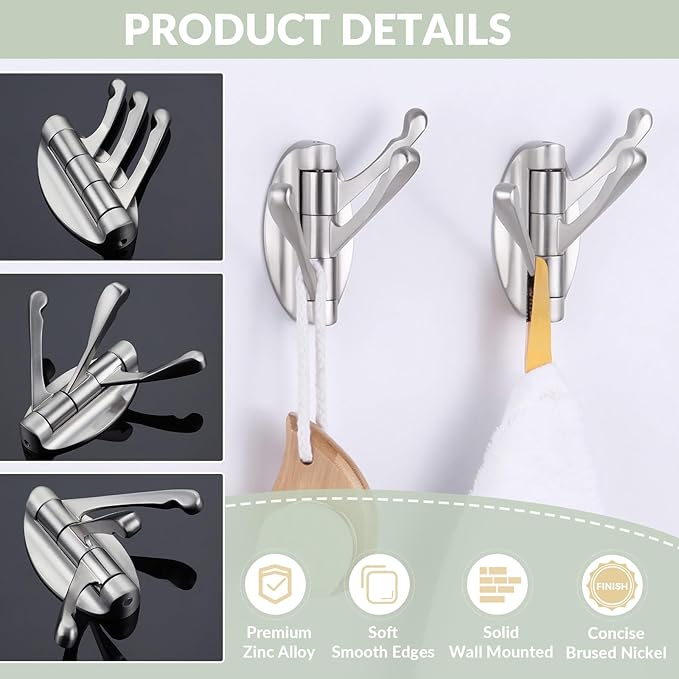 APLusee Swivel Brushed Nickel Robe Hook 2 PCS, Metal Foldable Towel Holder with Triple Rotating Arms, Heavy Duty Bathroom Kitchen Coat Hanger Wall Mounted