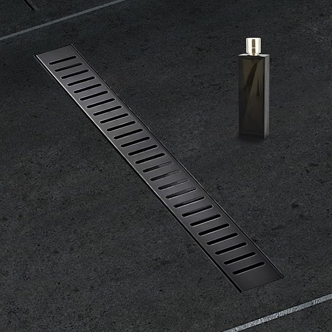 36 Inch Linear Shower Drain Bathroom Kitchen Matte Black Floor Drain Removable Capsule Pattern Cover Accessories Shower Drain 304 Stainless Steel Drain with Hair Strainer Adjustable Leveling Feet