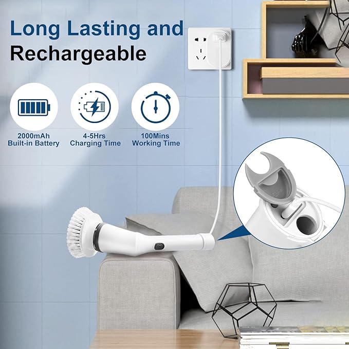Electric Spin Scrubber, 2 Speed Adjustable Cordless Cleaning Brush with 6 Replaceable Heads, Waterproof Electric Telescopic Brush for Cleaning Bathroom, Tub and Tile Floor