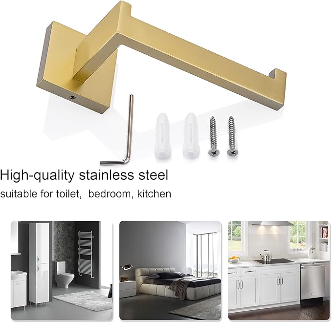 TQKAG Brushed Gold Toilet Paper Holder SUS304 Stainless Steel, Modern Square Tissue Roll Holders Wall Mount, Toilet Paper Roll Dispenser for Kitchen Washroom