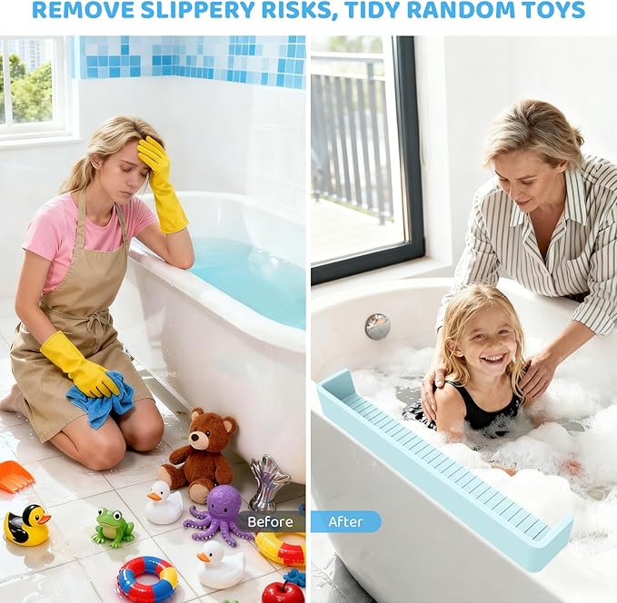 Bathtub Splash Guard for Tub Kids, Longer Silicone Water Splash Guard for Bathtub, Toy Holder Play Shelf for Bathtime，Silicone Tub Splash Guard Prevent Water Spills in Bathroom (Blue)