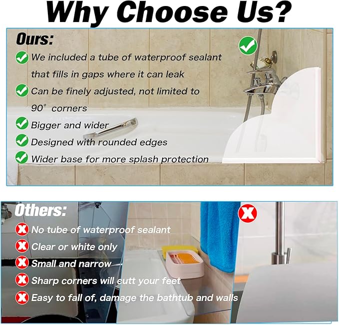 Shower Splash Guard for Bathtub - 2 Pack Bathtub Corner Splash Guard with Glue, Bath Tub Shower Splash Guard Topper, Water Shield, Splash Protector, Adjustable Angle, Enhanced Adhesive, Acrylic