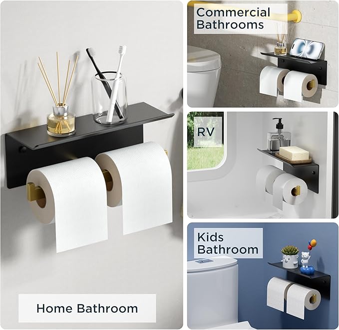 FORIOUS Toilet Paper Holder with Shelf, 304 Stainless Steel Wall Mount Commercial Toilet Paper Dispenser, Double Tissue Roll Holder for Bathroom (Matte Black & Brushed Gold)