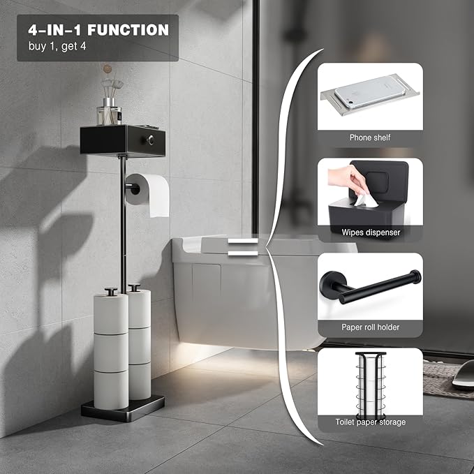VOLDRA Toilet Paper Holder Stand with Shelf, Free Standing Black Toilet Paper Roll Holder with Wipes Storage Drawer Heavy Duty Floor Bathroom Tissue Holder Freestanding No Drill Tp Holder for 7 Rolls