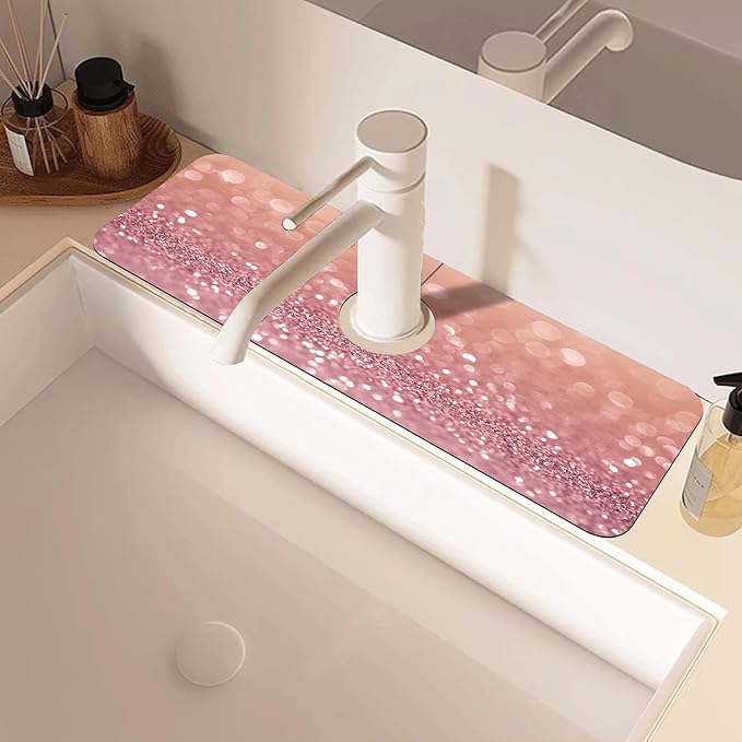 Abstract Pink Glitter Diamond Sink Faucet Absorbing Mat Sink Splash Guard Faucet Mat Draining Mat Fast Drying Sink Protectors for Kitchen and Bathroom 5.5"×15"