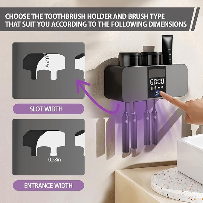 Toothbrush Cleaner & Wall Mounted Toothbrush Holders,Cleaning and Air Drying LED Smart Screen and Timer Function Rechargeable Cordless Tooth Brushing Holder for Bathrooms(Black)