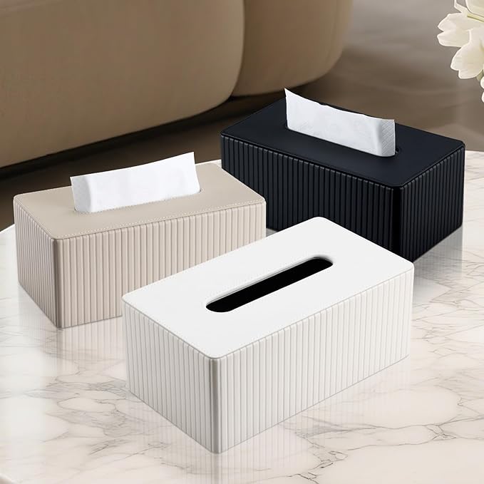 KINGFOM PU Leather Tissue Box Cover Rectangular Tissue Box Holder with Magnetic Bottom, Napkin & Facial Tissue Holder Dispenser for Home, Office (Decorative Pattern-PU Leather, Off-White Stripe)