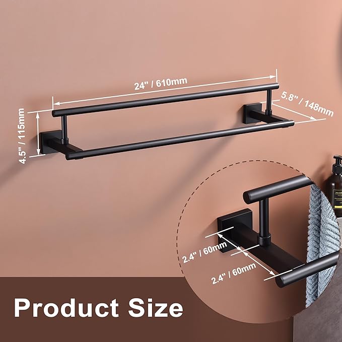 Bath Double Towel Bars, Towel Racks SUS304 Stainless Steel, Towel Holder for Bathroom Wall Mount, Towel Hanger Rail Accessories, 2-Tiers (Matte Black, 24 Inch)