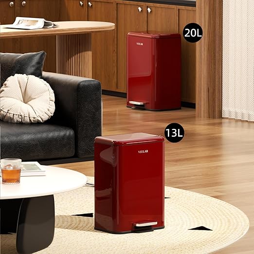Kitchen Bathroom Trash Can - Stainless Steel Garbage Cans with Foot Pedal, Recycling Bin with Lid for Office Bathroom Decor (Red, 13 Liter / 3.5 Gallon)