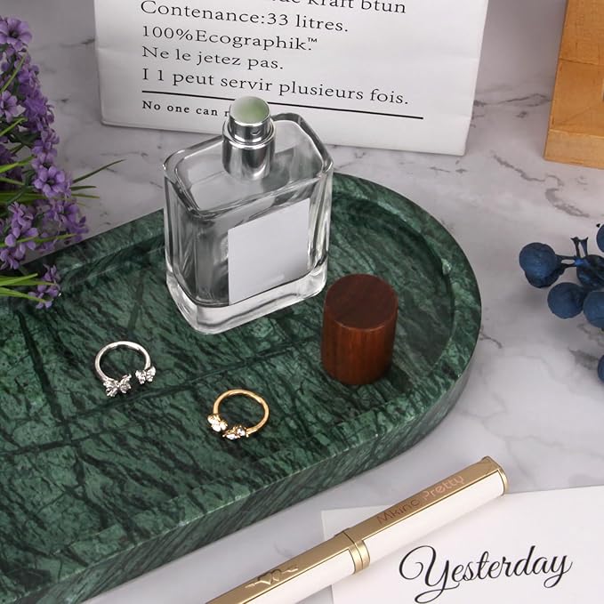 Oval Marble Bathroom Vanity Tray, Natural Luxury Marble Home Kitchen Bathroom Table Tray, Stone Decorative Countertop Serving Trays for Coffee Perfume Jewelry Makeup (Green, 10 * 5 * 0.6)