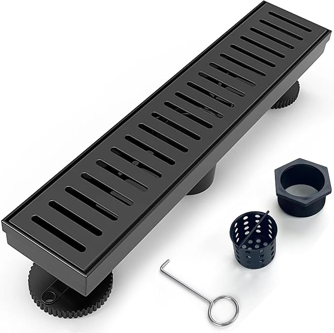12 Inch Linear Shower Drain Bathroom Kitchen Matte Black Floor Drain Removable Capsule Pattern Cover Accessories Shower Drain 304 Stainless Steel Drain with Hair Strainer Adjustable Leveling Feet