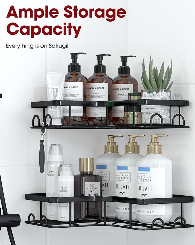 Corner Shower Caddy - 2 Pack, Adhesive Shower Organizers, Rustproof Stainless Steel Shower Shelves with 8 Hooks, No Drilling Bathroom Organizers and Storage Racks, Space-Saving, Black,Medium | Rustproof, Shower Shelves, 8 Hooks, Bathroom Organizers, St...