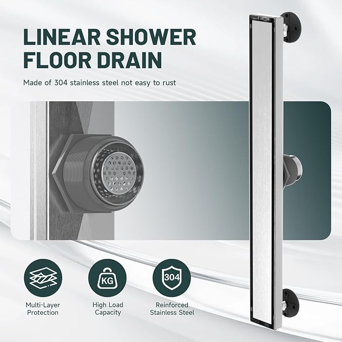 24-Inch Linear Shower Floor Drain, Stainless Steel Bathroom Floor Drains, Rectangular Shower Trench Floor Drain, Hair Strainer, Brushed Nickel