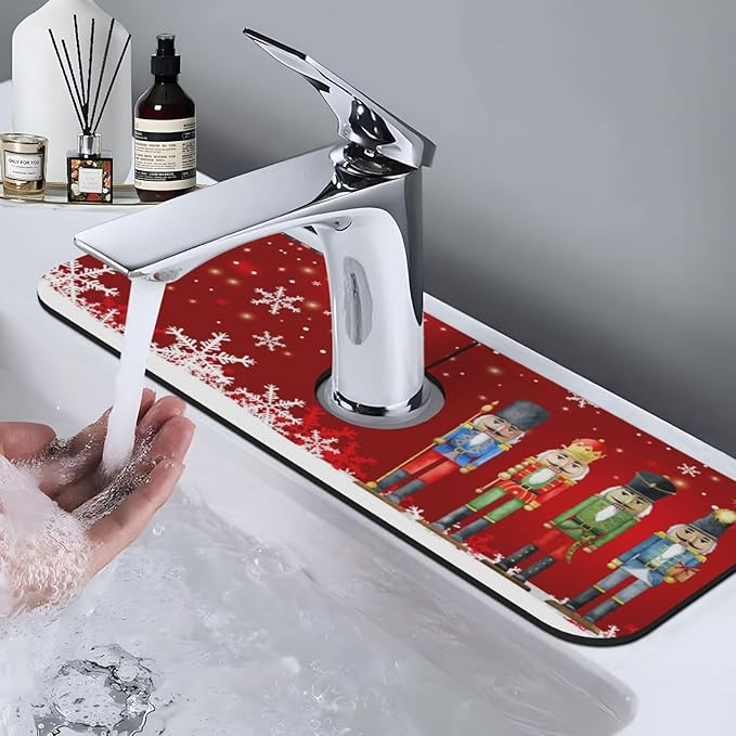 Christmas Snowflake Nutcracker Red 15" X 5.5" Kitchen Sink Splash Guard Faucet Faucet Guard Draining Mat Sink Splash Guard Faucet Kitchen Bathroom